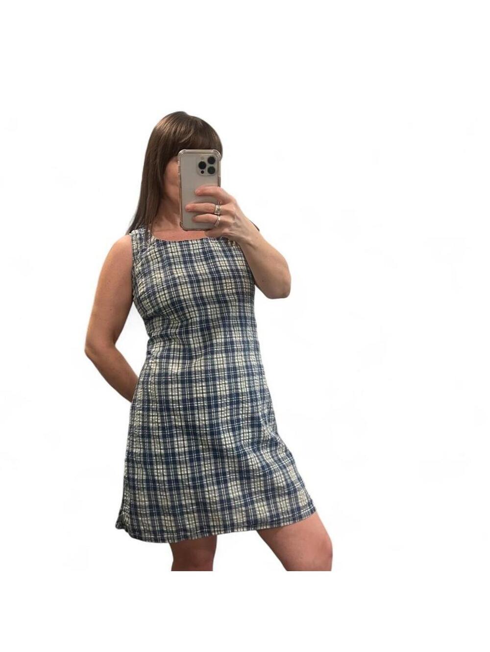 Vintage 90s Blue Plaid Cotton Mini Dress Cottagecore Sleeveless